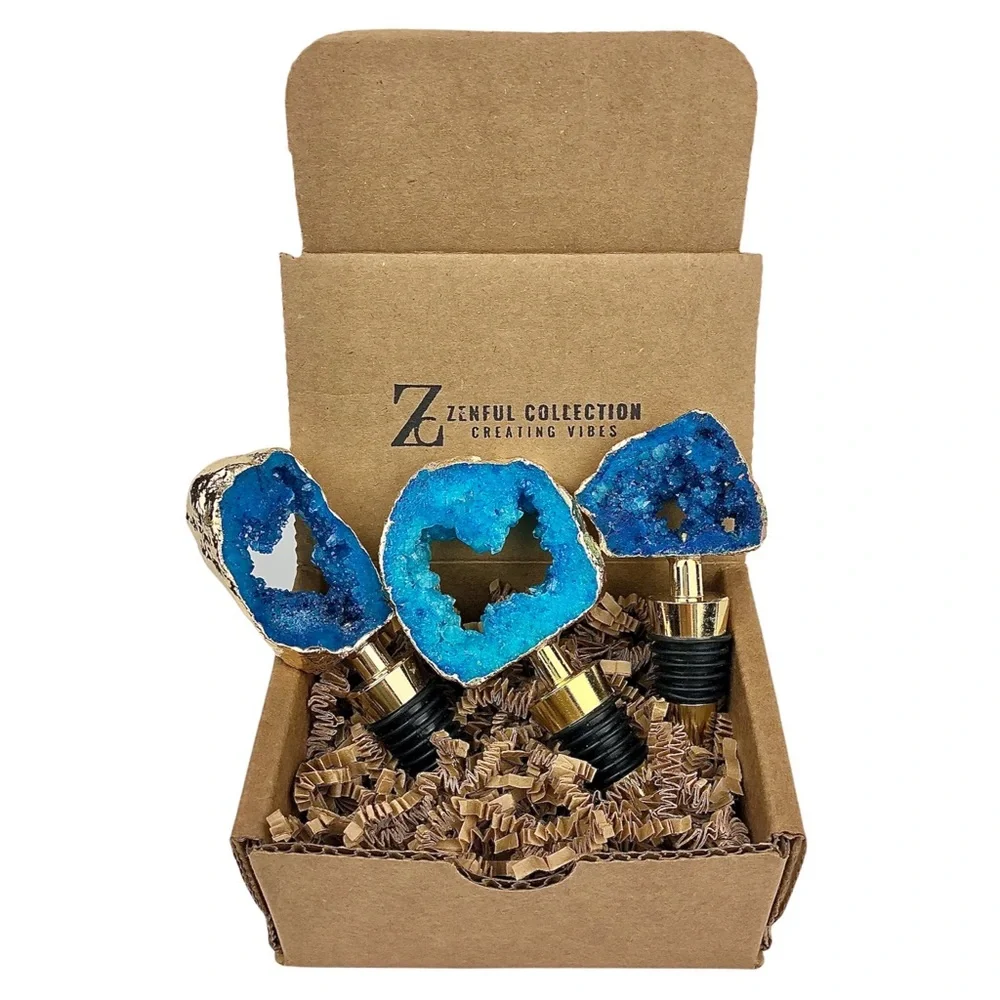 Blue Crystal Quartz Druzy Geode gold plated wine bottle stopper topper stone - Picture 4 of 11